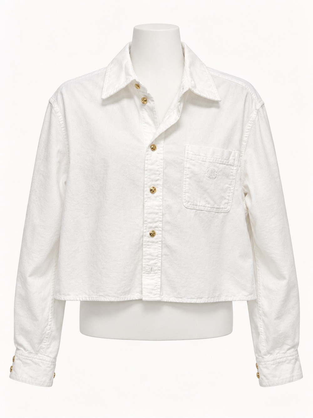 Celine White Cropped Button-Down Shirt with Gold Buttons